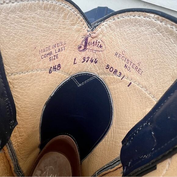 Vintage 90s Justin Roper Navy Blue Cowgirl Western Pull On Leather Boots 6 1/2B - Picture 6 of 6